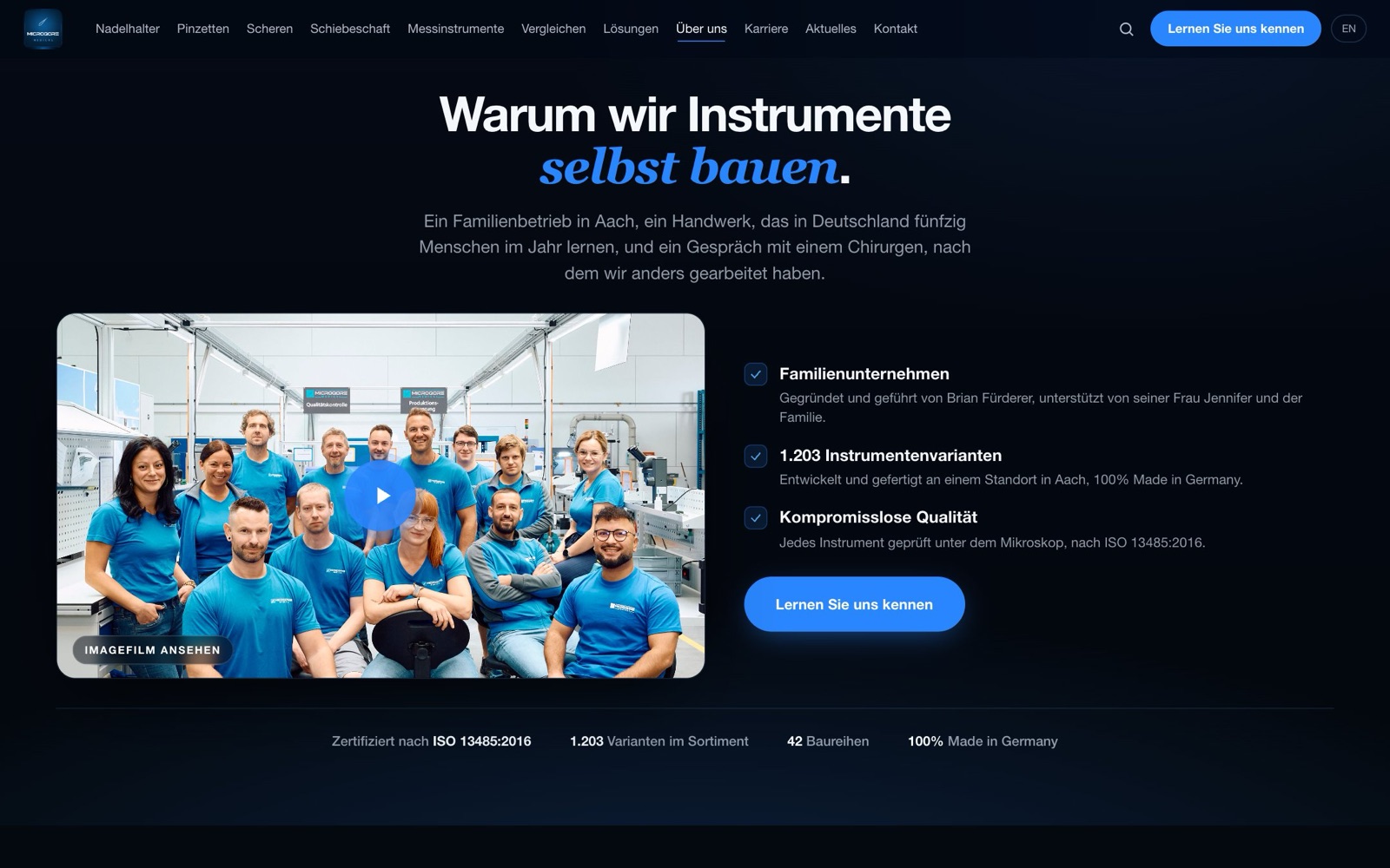 Über-uns-Seite mit Team und Zahlen